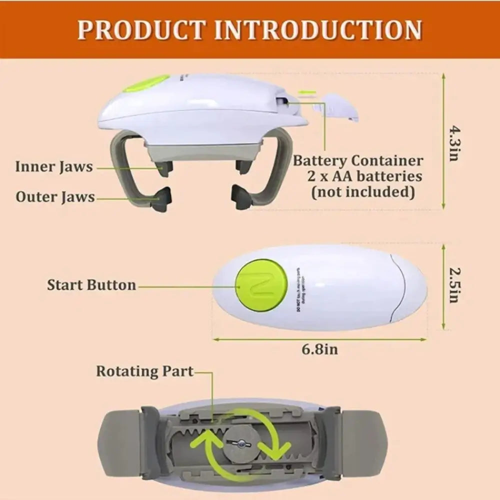 The automatic electric jar opener dimensions and functionality.