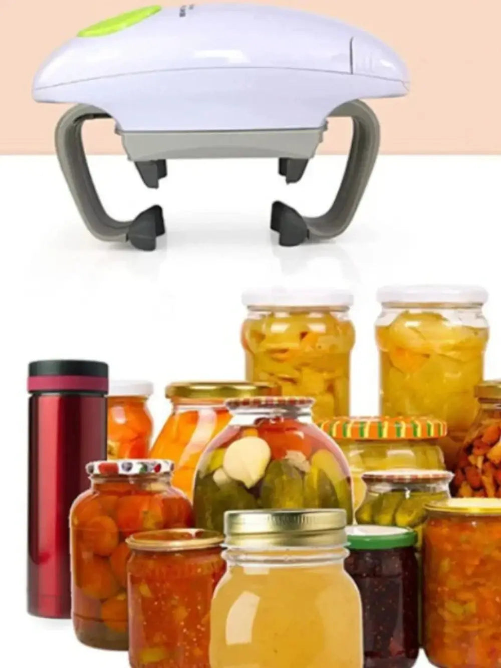 The automatic electric jar opener, in front is an assortment of jars containing various edibles.