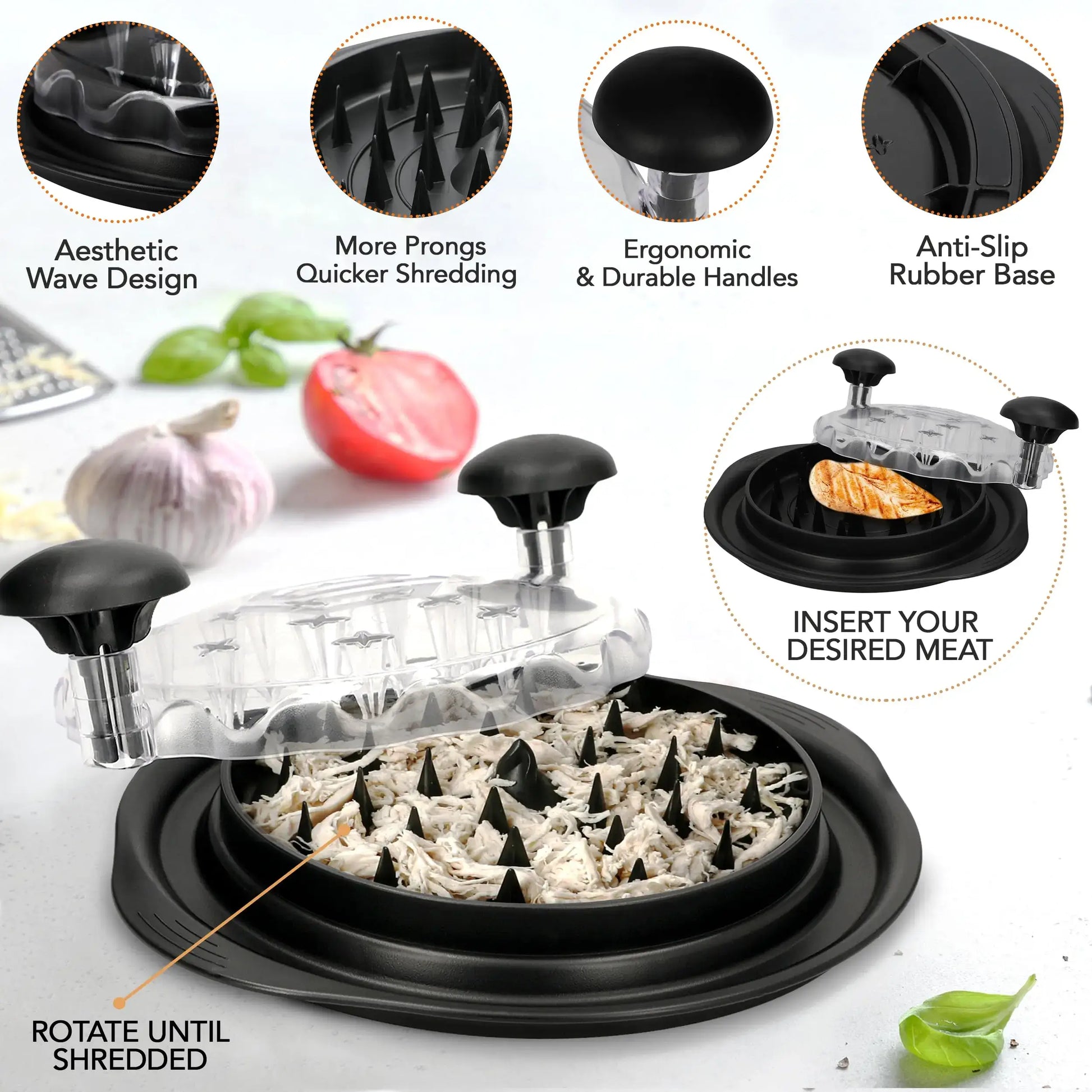 The chicken breast shredder in black and its various features.