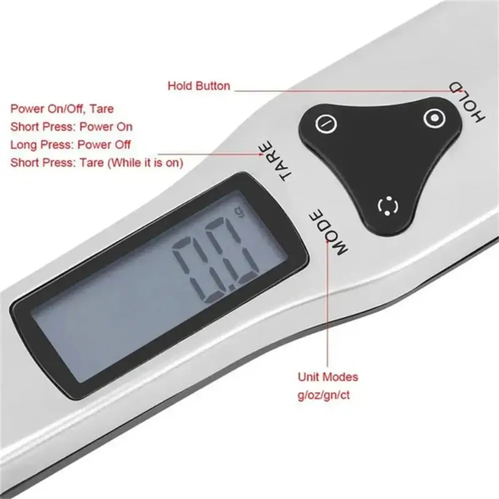 The electronic measuring spoon displaying its features. The mode, tare and hold buttons.