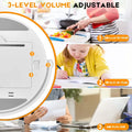 3 images, a women cutting vegetables in a kitchen, a girl writing in a book and a women at a desk reading a piece of paper with a laptop in front of her. The back of the magnetic digital kitchen timer, showing its 3 level adjustable volume switch..