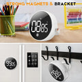 3 images of the magnetic digital kitchen timer on a desk with various learning utensils. Magnetically mounted on a fridge and also hanging on a hook by its bracket.