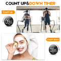 An image of a man and a women running on treadmills. Image of a women with a face-mask and a towel on her head, holding a piece of cucumber in front of her eye. 2 of the magnetic digital kitchen timers stating they are capable of counting up and down.