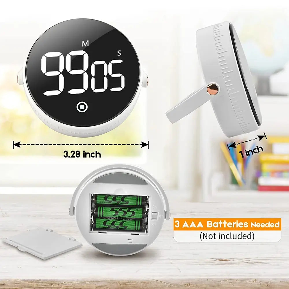 The magnetic digital kitchen timer and its dimensions. 3.28inches in width and 1inch in depth. The bottom on the timer showing it uses 3 AAA batteries which aren't included.