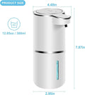 The automatic soap dispenser dimensions. 7.87inches in height, 4.4inches wide at the top including the outlet and 2.95inches wide at the base. Capacity of 12.85oc/380ml.