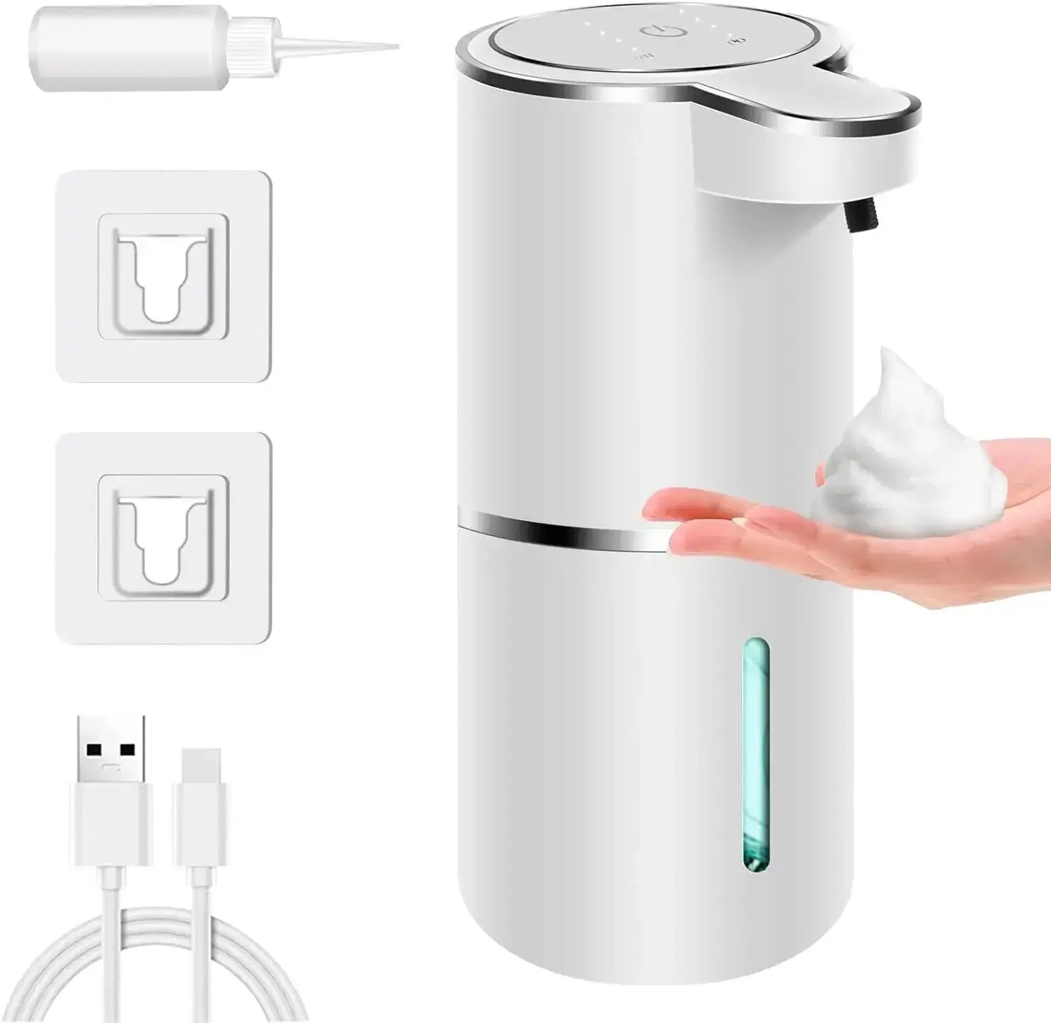 The automatic soap dispenser producing a foam soap. Graphics also displaying the devices charger cable.